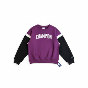 NWT Champion Women Sherpa Sleeve Crew Neck Sweatshirt Logo Spell Out Purple Med